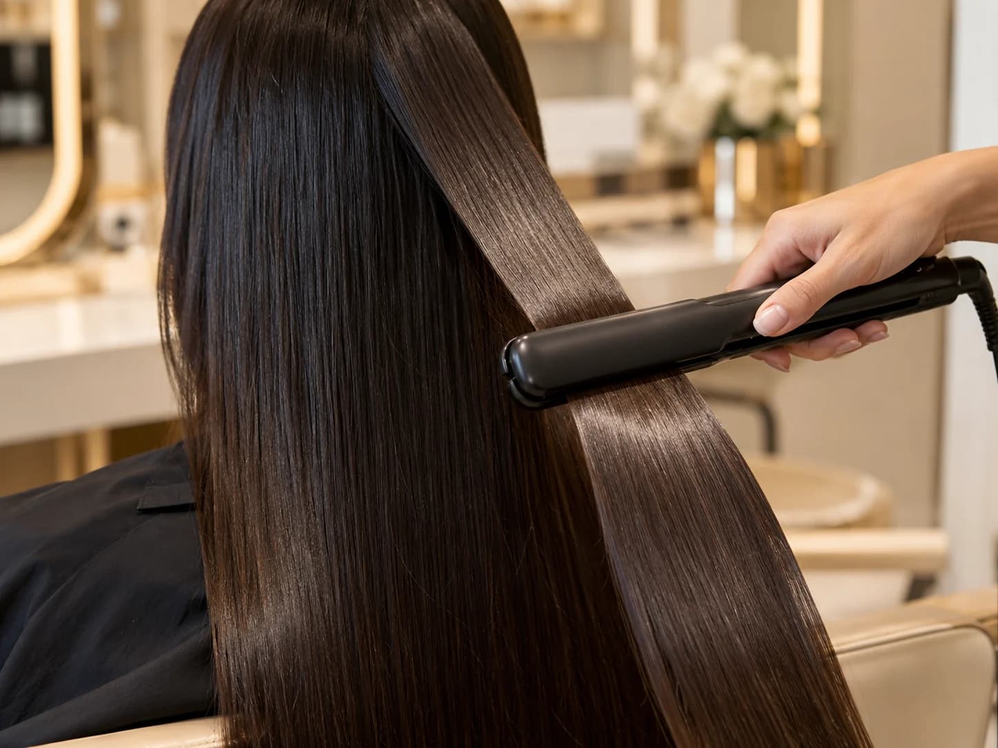 Lissage capillaire au fer sur cheveux longs